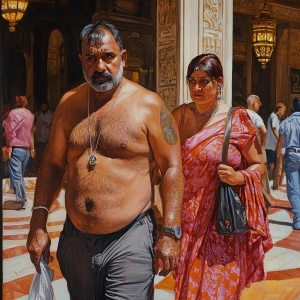 Hyperrealistic painting.A sweaty beefy man walking with his 54 y...