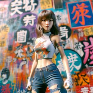 Athletic Thin skinny Attractive, Asian teenage girl, long brown hair and bangs, wearing tight skinny jeans and a halter top paint marks on her clothing, heroic pose Asian graffiti background