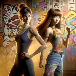 Athletic Thin skinny Attractive, Asian teenage girl, long brown hair and bangs, wearing tight skinny jeans and a halter top paint marks on her clothing, heroic pose Asian graffiti background, backside view