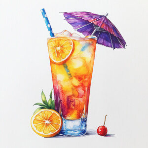 Create an image of a tall, vivid tropical cocktail, complete wit...