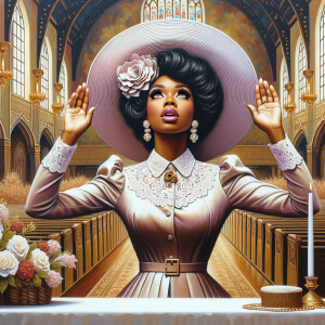 Render an airbrush oil painting of an African American woman with flawless makeup
kneeling at a church altar, her hands raised in a gesture of surrender to God. She's
dressed in stylish Sunday Best attire, with a particular focus on the delicate details of
her Church Hat. The background features a beautifully painted church interior, with the
oil paint texture enhancing the sacred atmosphere. The artwork should capture the
woman's devout expression, the elegance of her attire, and the spiritual ambiance of
the church setting, reflecting a moment of deep faith and devotion.