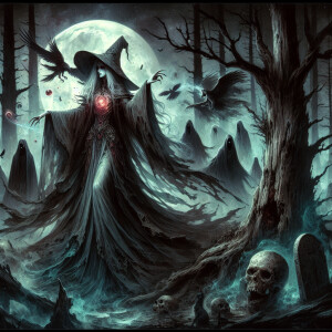 A striking, cinematic illustration of a witch standing beside a...