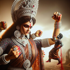 portrait of angry looking, muscular beautiful goddess durga carrying a short mahishasur and stabbing him with her red fingernails. She is wearing diamond saree, diamond armor, a huge diamond crown, abundant diamond jewelry. The scene is set in a dry landscape.  blood everywhere. The image is 8K resolution, cinematic, ultra detailed face and epic.