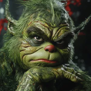 A close-up photo of The Grinch's face, rendered in a surrealisti...