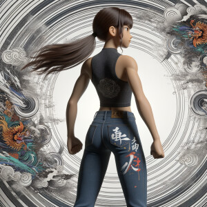 Athletic Thin skinny Attractive, Asian teenage girl, long brown hair and bangs, wearing tight skinny jeans and a halter top paint marks on her clothing, heroic pose Asian graffiti background, backside view