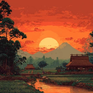 Japanese countryside during sunset Hokusai style