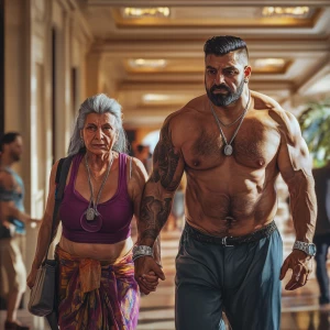 Hyperrealistic art style.A sweaty beefy man walking with his 54...