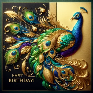 A vibrant peacock adorned with feathers in shades of green, blue...