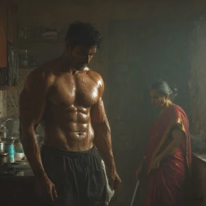 Hyperrealism digital painting ,a indian muscular beefy sweaty...