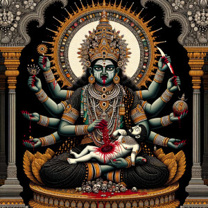 portrait of angry looking, four-armed indian goddess sitting on...