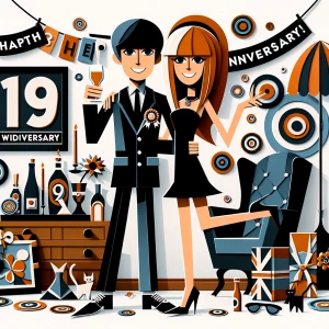 ‘Happy 19th Anniversary!’ Written
A 60s mod vibe with a tan male...