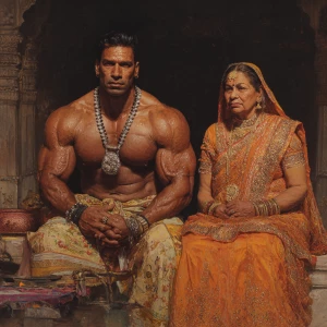 Hyperrealism oil painting.a beefy muscular sweaty criminal gujar...