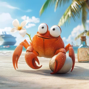 Create a charming cartoon image of a female red crab with a coco...