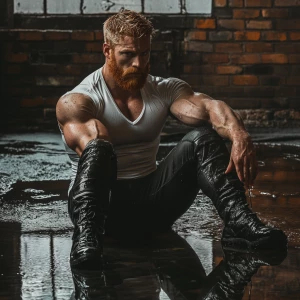 A bodybuilder man ginger beard sits in a puddle of water, his bo...