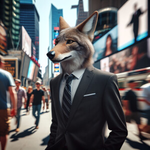 Coyote-man walking in the city wearing an armoni suit dressed fo...