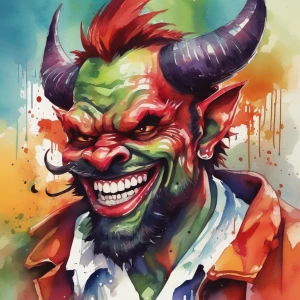 Design a cartoon-style circular logo featuring a cheeky demon we...