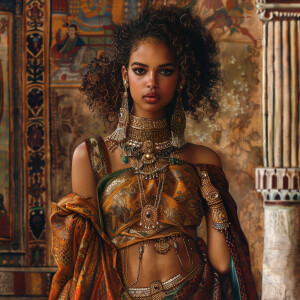 Depict a powerful Afro-Indian warrior queen in a classical paint...