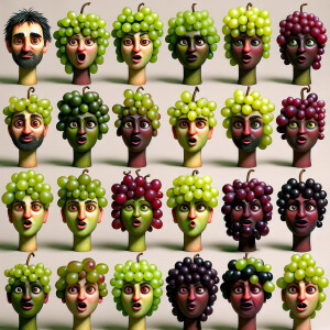 Create a series of characters with grape clusters for heads, eac...