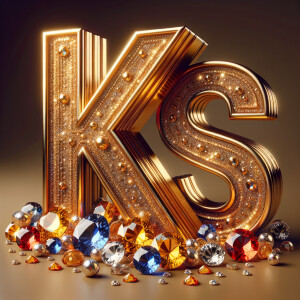 Create a 3-D realistic image with the letters  K.S. in gold raised letters , Add diamonds and colorful jewels