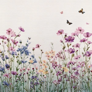 Wildflower field, butterflies flying, in vintage watercolor styl...