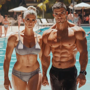 Hyperrealism art, a muscular, sweaty dangerous man walking along...