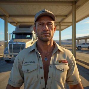 Naiketrucker man in the rest area showing off