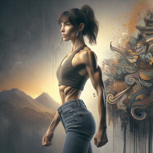 Athletic Thin skinny Attractive, Asian teenage girl, long brown hair and bangs, wearing tight skinny jeans and a halter top paint marks on her clothing, heroic pose Asian graffiti background, side view