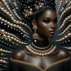 Imagine a digital portrait of a light skinned African-American Latino regal woman named KAREN Her attire and accessories are exclusively adorned with black and gold pearls. They grace her voluminous hair, styled in an elegant updo, where the black pearls form the roots and the gold pearls create the stunning curls. Her ears boast chandelier earrings, with black pearls clustered at the top, transitioning to gold pearls that dangle with delicate grace. Around her neck, a tiered necklace cascades with strands of alternating black and gold pearls, reflecting a sophisticated contrast.

Her shoulders are draped with a luxurious off-shoulder gown, the fabric's weave incorporating intricate patterns formed by black and gold pearls. The gown's texture has a subtle sheen, suggesting a high-quality material with a pearlescent finish. As a centerpiece, a grand brooch sits at her collar, with a large gold pearl surrounded by an elaborate design of smaller black pearls.

The background of the portrait features an abstract composition of floating pearls, swirling in a dance of shadows and light, emphasizing the color theme of black and gold. The name "KAREN" is discreetly integrated into the lower right corner of the artwork, blending seamlessly with the design, as if it were a signature part of the jewelry ensemble. The overall effect is one of timeless elegance, a blend of modern design and classic beauty, all tied together by the luxurious palette of black and gold.