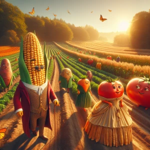 A vibrant, sun-drenched farm at golden hour. The composition is...