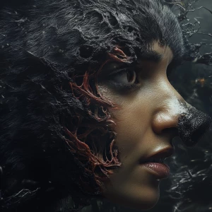 A symbiote woman's face transforming into a bear's snout.