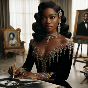 In a high-class, elegantly decorated studio, a very light-skinne...