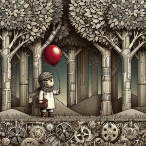 Draw a picture of a little boy holding a red balloon in the fore...