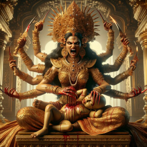 portrait of angry looking, four-armed indian goddess sitting on...