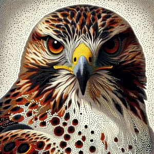 Create an image of a hawk using a pointillism technique to mimic the effect of paint dots.