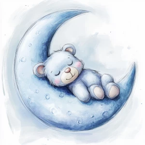 A cute, cartoon teddybear lies on a stylized, soft blue grey crescent moon. The moon shows the crater holes and relief in the surface. The teddy bear is light gray with large, round, pink-spotted ears.  Its body is round and he has expressive eyes.  its facial expression is happy and friendly. The teddy bears posture is relaxed, lying down in the curve of the moon stomach down. his left leg and arm are hanging down. The moon is a soft, shaded blue, with watercolor-like texture and subtle shading. The background is white. The image is in a child-friendly style, showcasing delicate line work and color palettes. The composition is centered on the teddy bear which is positioned lying slumped face down on  the moon, giving the moon a hug with closed eyes. The overall style is sweet, whimsical, and reminiscent of children's book illustrations.  The colors are pastel and soothing, creating a gentle atmosphere.