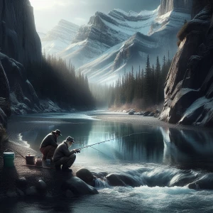 Create an image of a serene flowing river nestled within the maj...