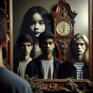 Four teenagers are standing in a dark room. The figure of a girl...