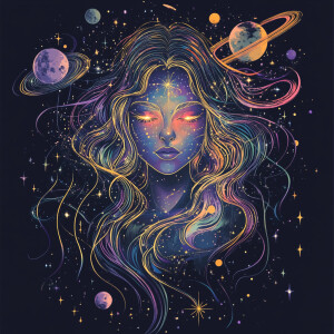 Vector-style portrait of a celestial goddess, long flowing hair...