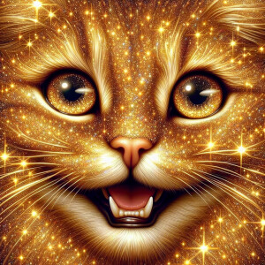 A smiling cat face in entirely gold glitter