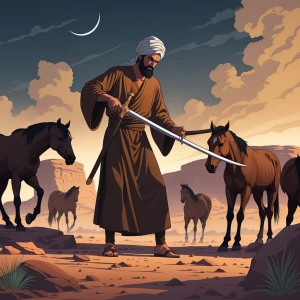 A solemn prophet figure, dressed in brown robes and turban, hold...