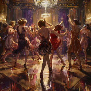 A scene of Flapper girls energetically dancing the Charleston on...