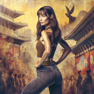 Athletic Thin skinny Attractive, Asian teenage girl, long brown hair and bangs, wearing tight skinny jeans and a halter top paint marks on her clothing, heroic pose Asian graffiti background, backside view