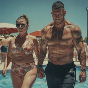 Hyperrealism art, a muscular, sweaty dangerous man walking along...