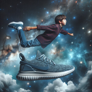 A young boy soaring through the vastness of outer space aboard a...
