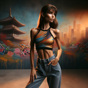 Athletic Thin skinny Attractive, Asian teenage girl, long brown hair and bangs, wearing tight skinny jeans and a halter top paint marks on her clothing, heroic pose Asian graffiti background, backside view