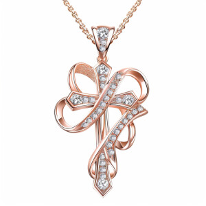 Design an elegant and intricate cross pendant adorned with spark...
