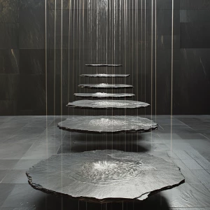 Creates an image of a gravity-defying fountain composed of separ...
