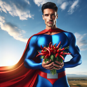 Superman holding chili peppers