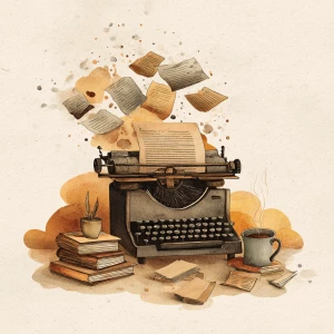 whimsical vintage illustration of a dusty old typewriter surroun...
