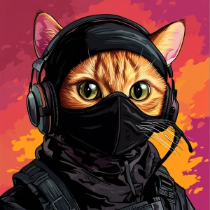 A wide-eyed ginger cat wearing a black tactical balaclava (or ma...